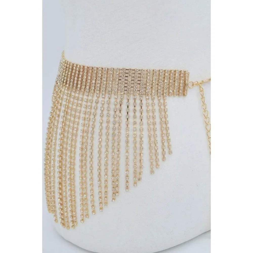 Gold‎ Rhinestone Tassel Body Chain Belt For Women Festival Party Accent